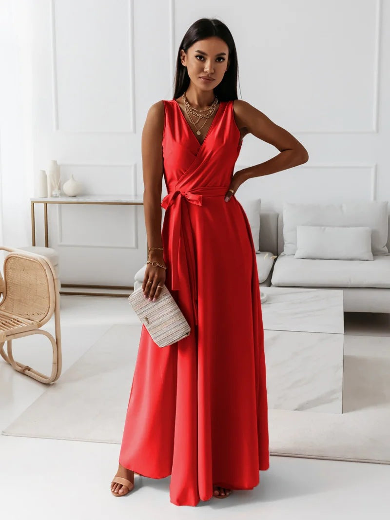 Hailey | Sleeveless Wrap V Neck Tie Waist Flowing Maxi Wedding Guest Dress