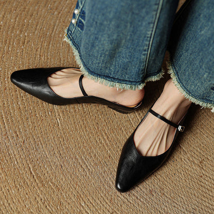 Marlowyn | Women's Leather Pointed Toe Ankle Strap Mule Flat