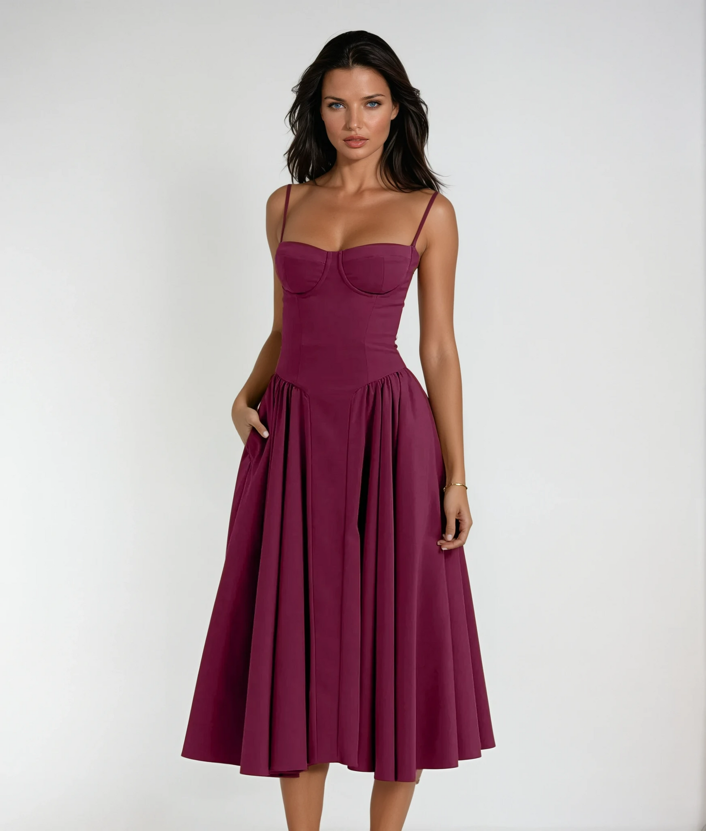 Odette | Corset Bustier Spaghetti Strap Pleated Full Skirt Midi Wedding Guest Dress