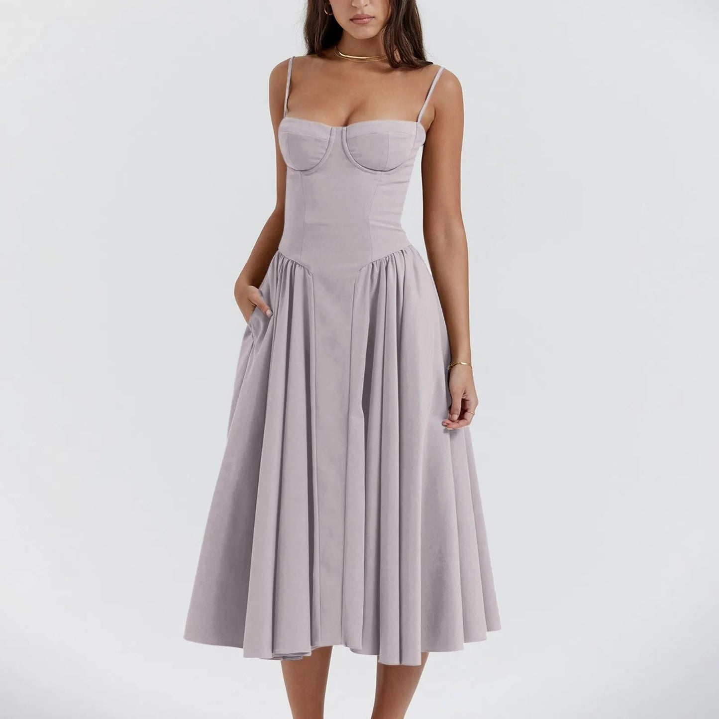 Odette | Corset Bustier Spaghetti Strap Pleated Full Skirt Midi Wedding Guest Dress