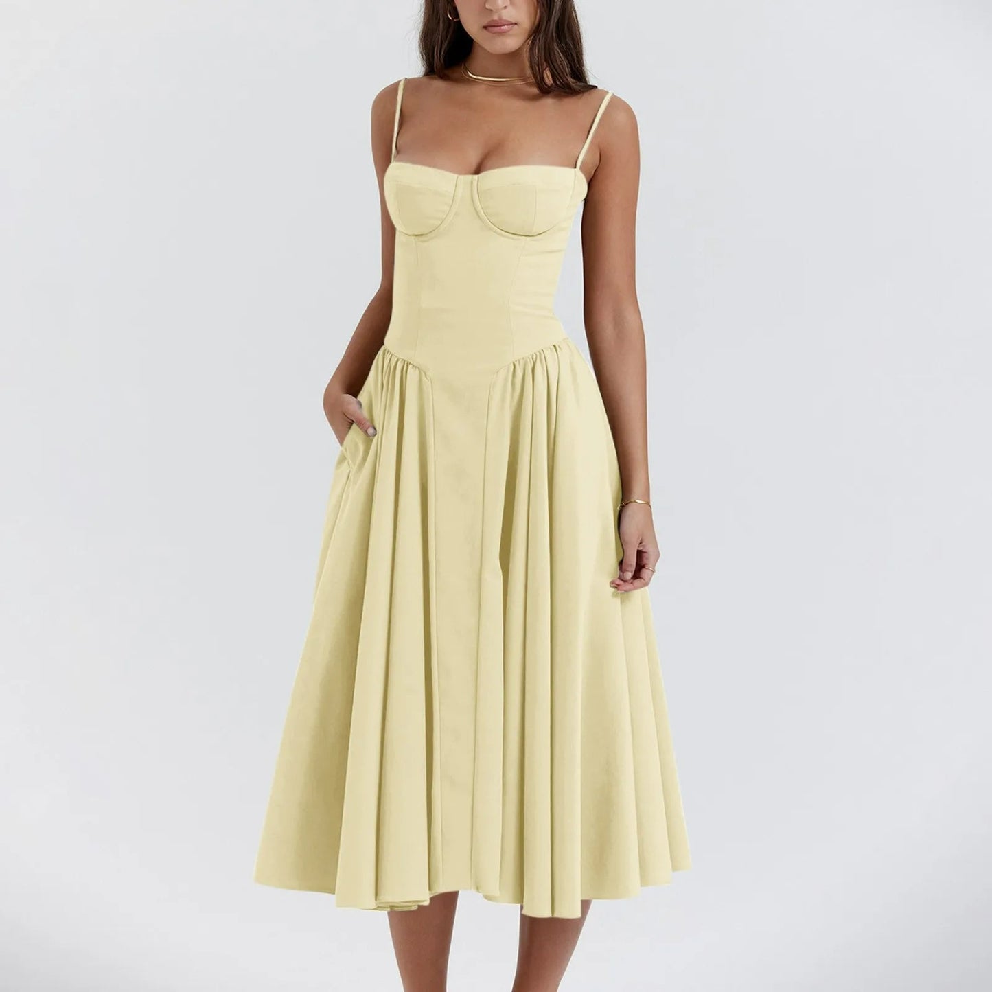Odette | Corset Bustier Spaghetti Strap Pleated Full Skirt Midi Wedding Guest Dress