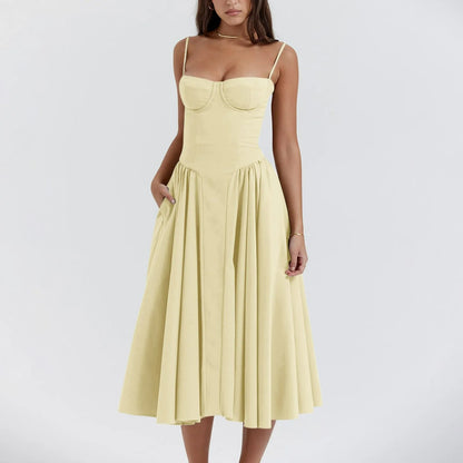 Odette | Corset Bustier Spaghetti Strap Pleated Full Skirt Midi Wedding Guest Dress