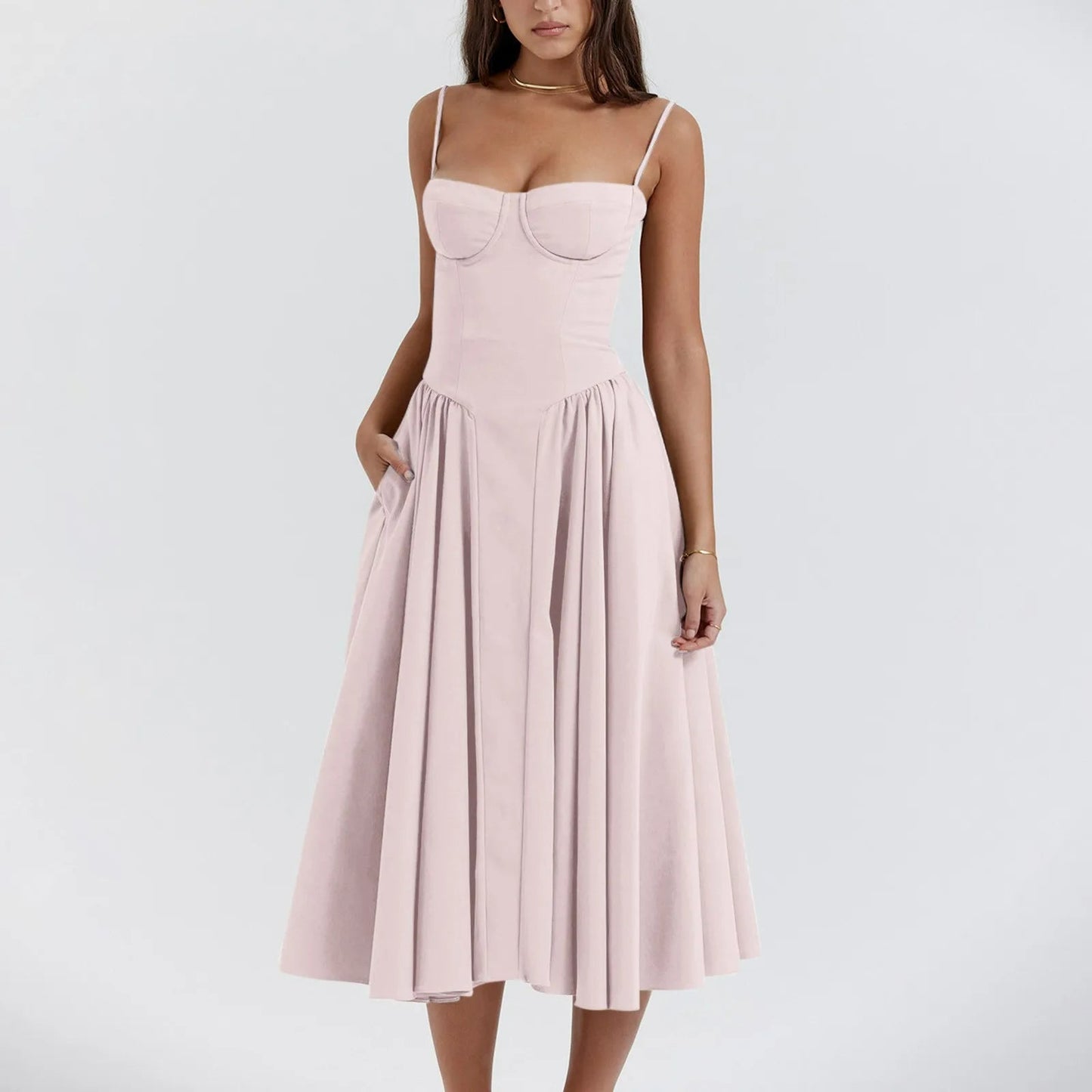 Odette | Corset Bustier Spaghetti Strap Pleated Full Skirt Midi Wedding Guest Dress