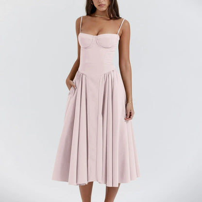 Odette | Corset Bustier Spaghetti Strap Pleated Full Skirt Midi Wedding Guest Dress