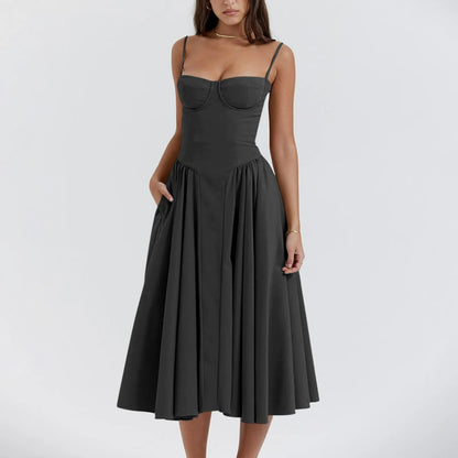 Odette | Corset Bustier Spaghetti Strap Pleated Full Skirt Midi Wedding Guest Dress