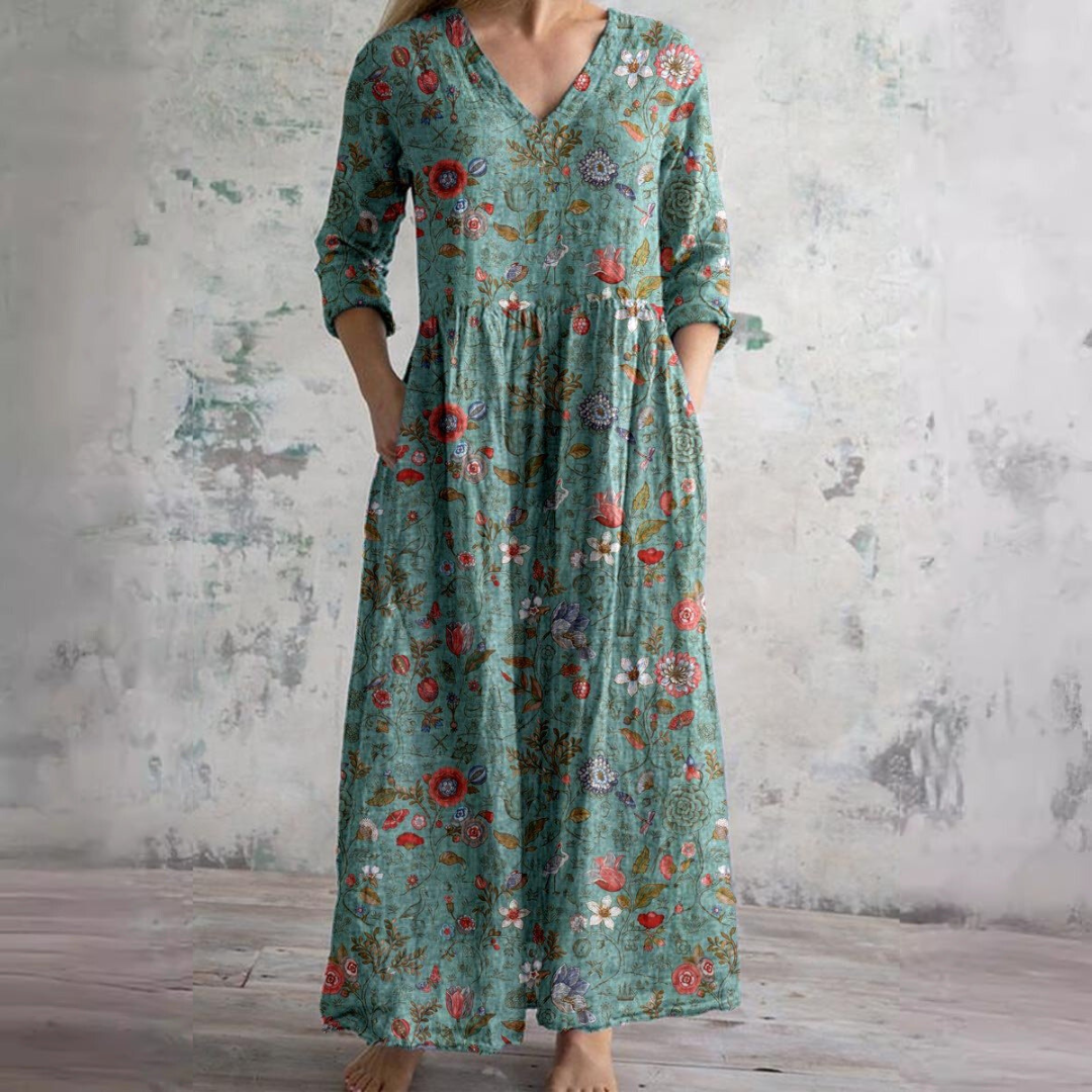 Rosa | Vintage Floral V Neck 3/4 Sleeve Boho Maxi Dress