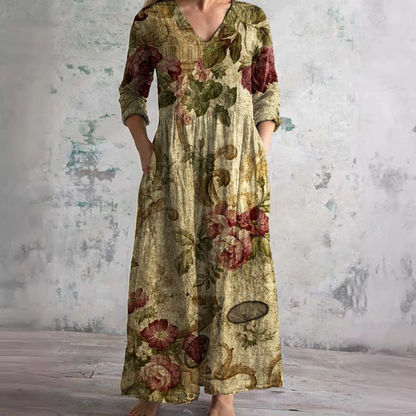 Rosa | Vintage Floral V Neck 3/4 Sleeve Boho Maxi Dress