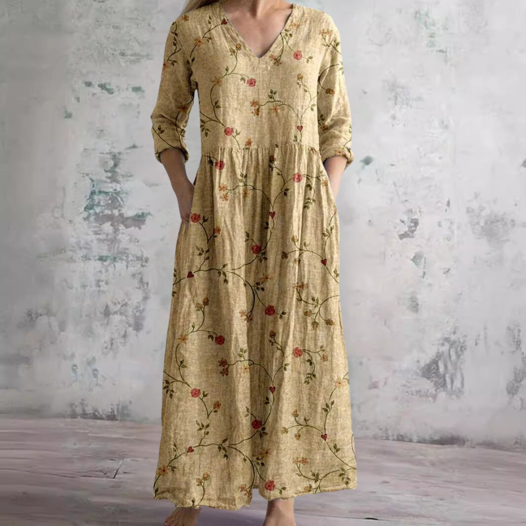Rosa | Vintage Floral V Neck 3/4 Sleeve Boho Maxi Dress