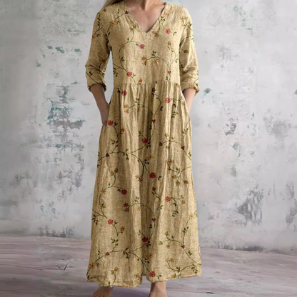 Rosa | Vintage Floral V Neck 3/4 Sleeve Boho Maxi Dress