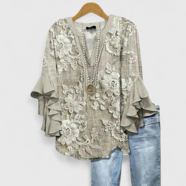 Saryphiah | Floral Print V Neck Ruffle Sleeve Loose Blouse