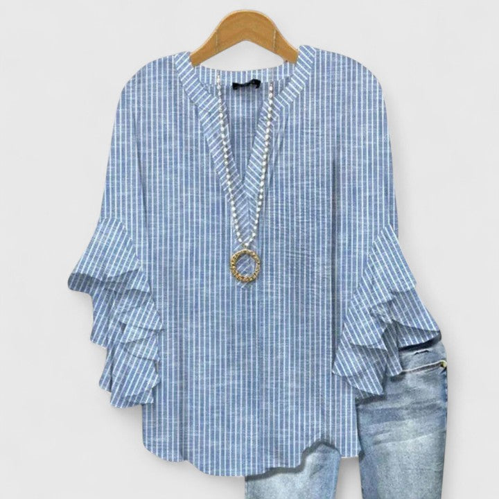 Saryphiah | Floral Print V Neck Ruffle Sleeve Loose Blouse