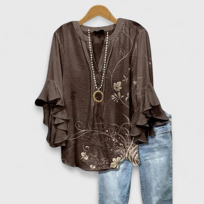 Saryphiah | Floral Print V Neck Ruffle Sleeve Loose Blouse