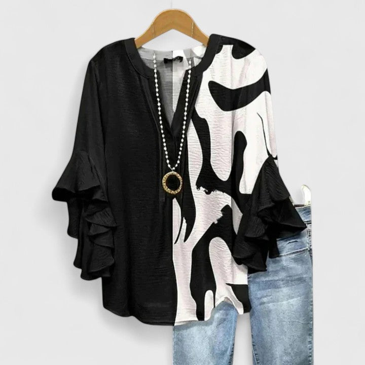 Saryphiah | Floral Print V Neck Ruffle Sleeve Loose Blouse