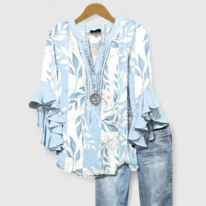 Saryphiah | Floral Print V Neck Ruffle Sleeve Loose Blouse