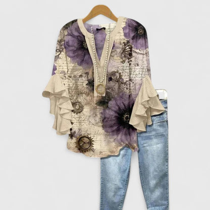 Saryphiah | Floral Print V Neck Ruffle Sleeve Loose Blouse