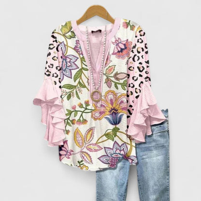 Saryphiah | Floral Print V Neck Ruffle Sleeve Loose Blouse