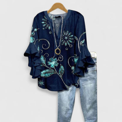Saryphiah | Floral Print V Neck Ruffle Sleeve Loose Blouse