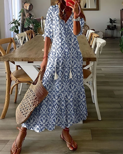 Zara | V Neck Tassel Tie Geometric Print Loose Boho Maxi Dress