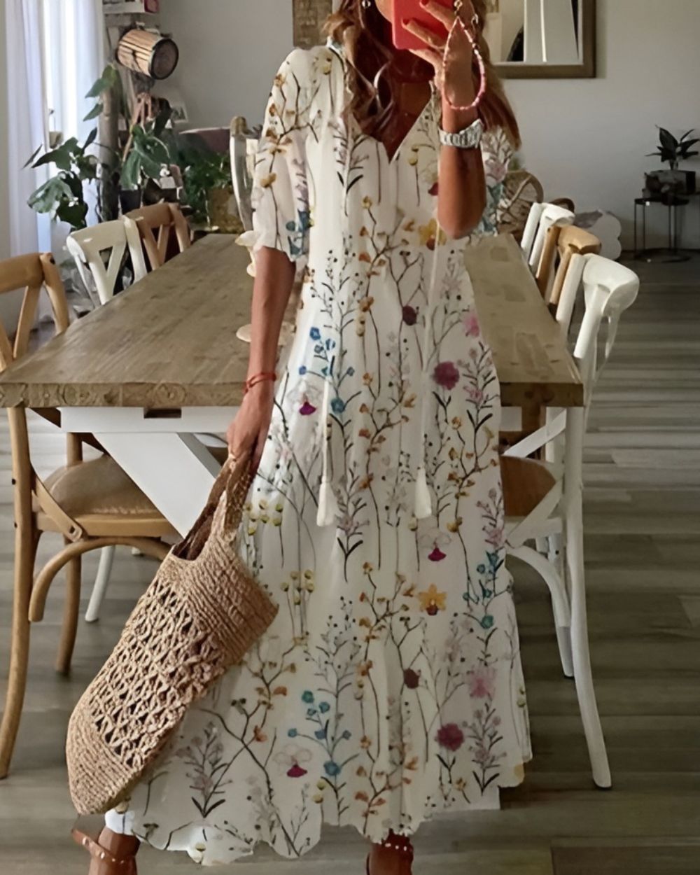 Zara | V Neck Tassel Tie Geometric Print Loose Boho Maxi Dress