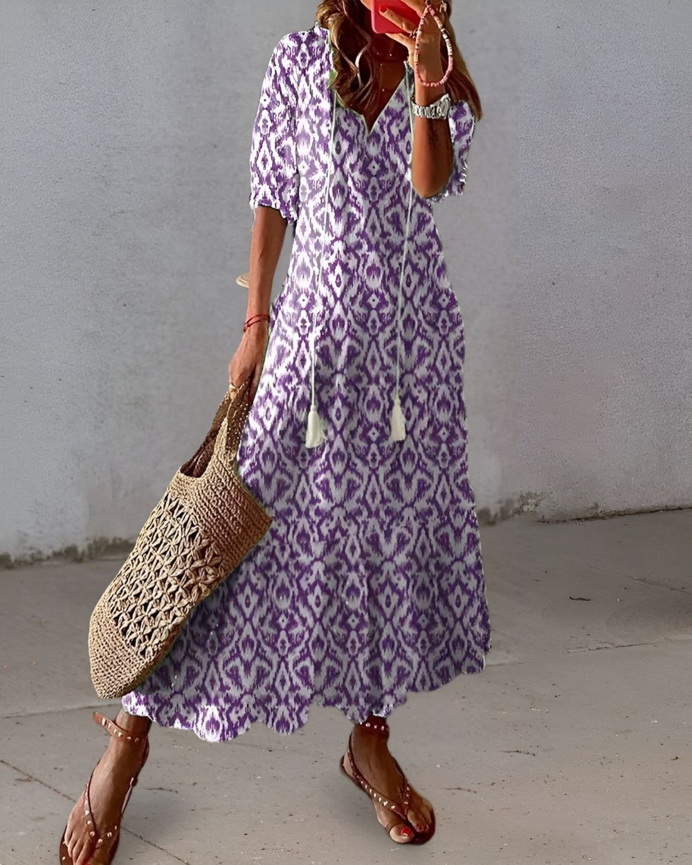 Zara | V Neck Tassel Tie Geometric Print Loose Boho Maxi Dress