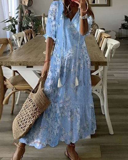 Zara | V Neck Tassel Tie Geometric Print Loose Boho Maxi Dress