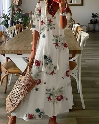 Zara | V Neck Tassel Tie Geometric Print Loose Boho Maxi Dress