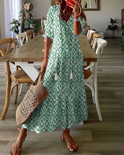 Zara | V Neck Tassel Tie Geometric Print Loose Boho Maxi Dress