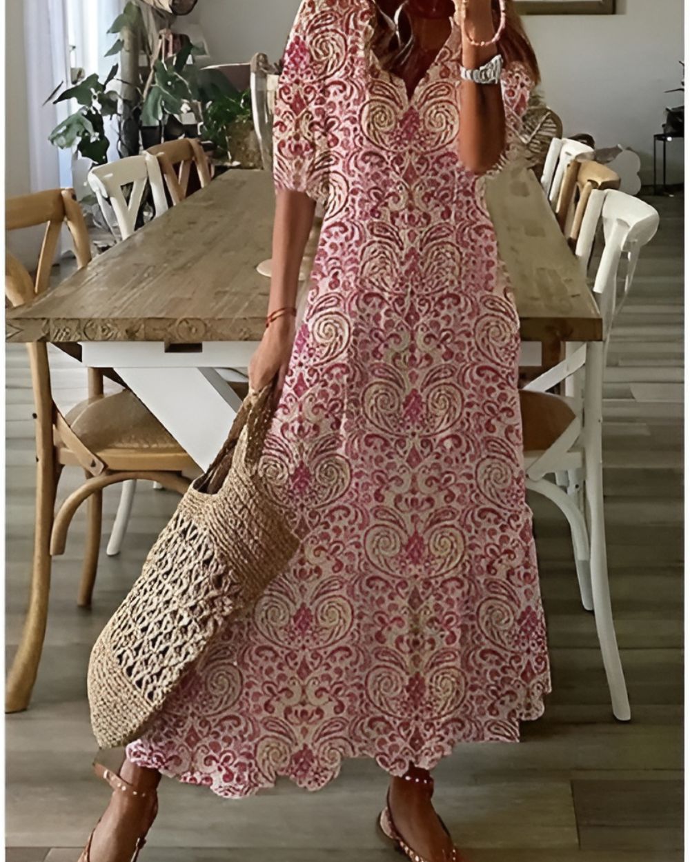 Zara | V Neck Tassel Tie Geometric Print Loose Boho Maxi Dress