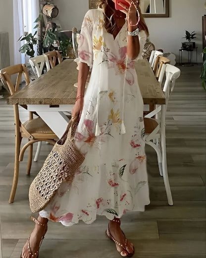 Zara | V Neck Tassel Tie Geometric Print Loose Boho Maxi Dress