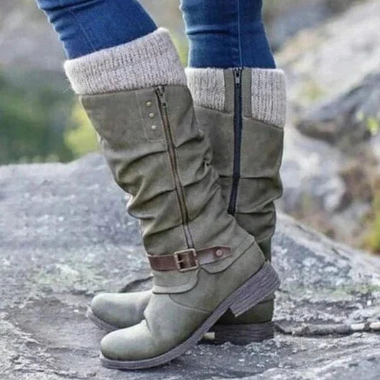 Fenna | Women's Knit Cuff Slouch Buckle Mid Calf Boot