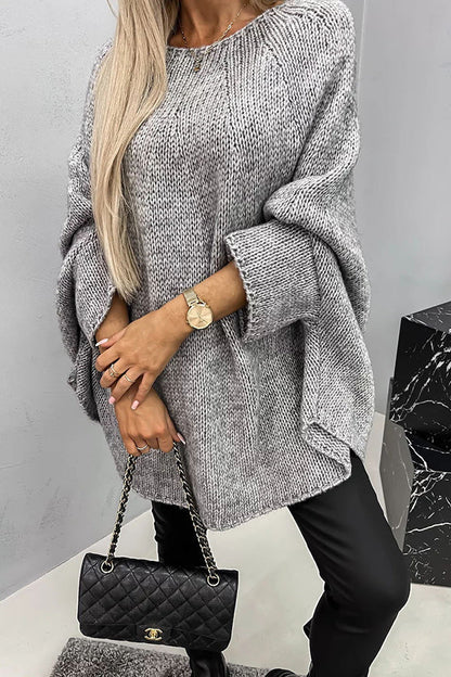 Marlebess | Women's Oversized Cable Knit Wide Sleeve Round Neck Sweater