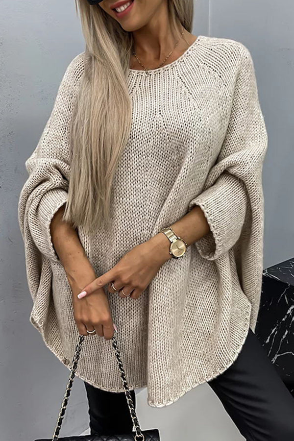 Marlebess | Women's Oversized Cable Knit Wide Sleeve Round Neck Sweater