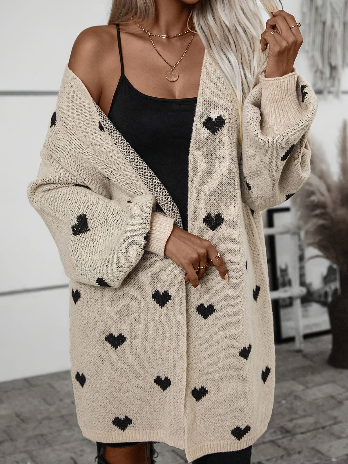 Wrenova | Women's Oversized Heart Print Longline Chunky Knit Cardigan
