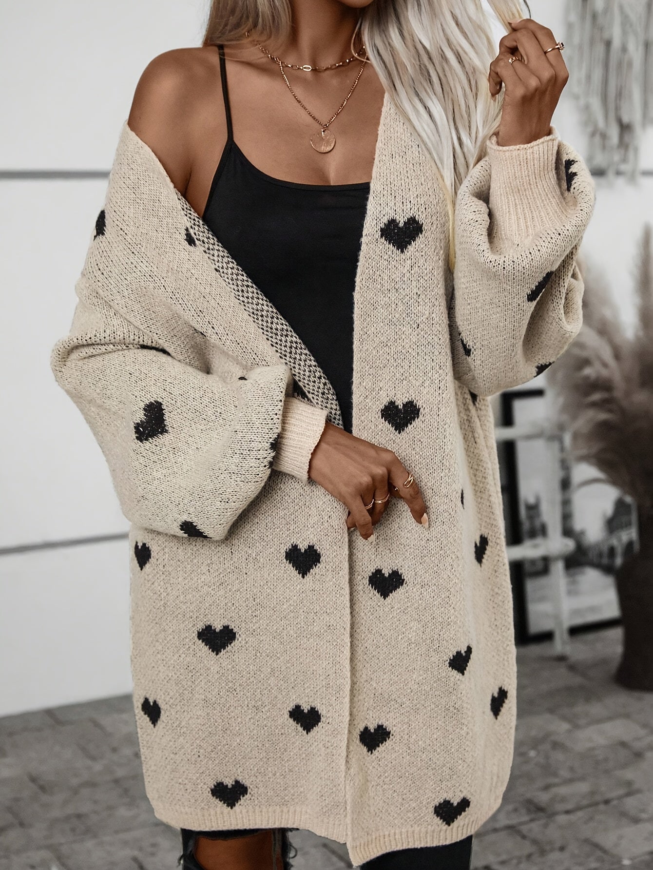 Wrenova | Women's Oversized Heart Print Longline Chunky Knit Cardigan