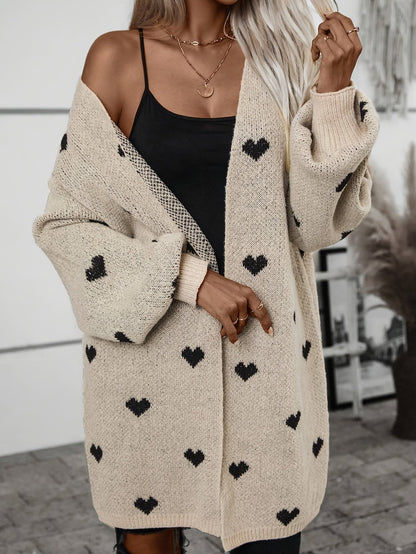 Wrenova | Women's Oversized Heart Print Longline Chunky Knit Cardigan