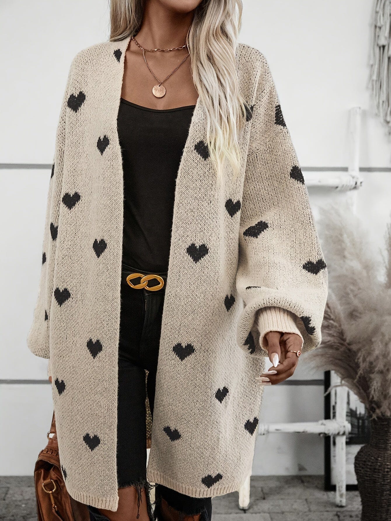 Wrenova | Women's Oversized Heart Print Longline Chunky Knit Cardigan
