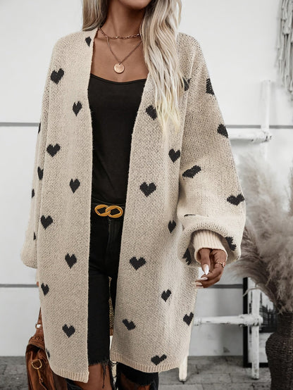 Wrenova | Women's Oversized Heart Print Longline Chunky Knit Cardigan