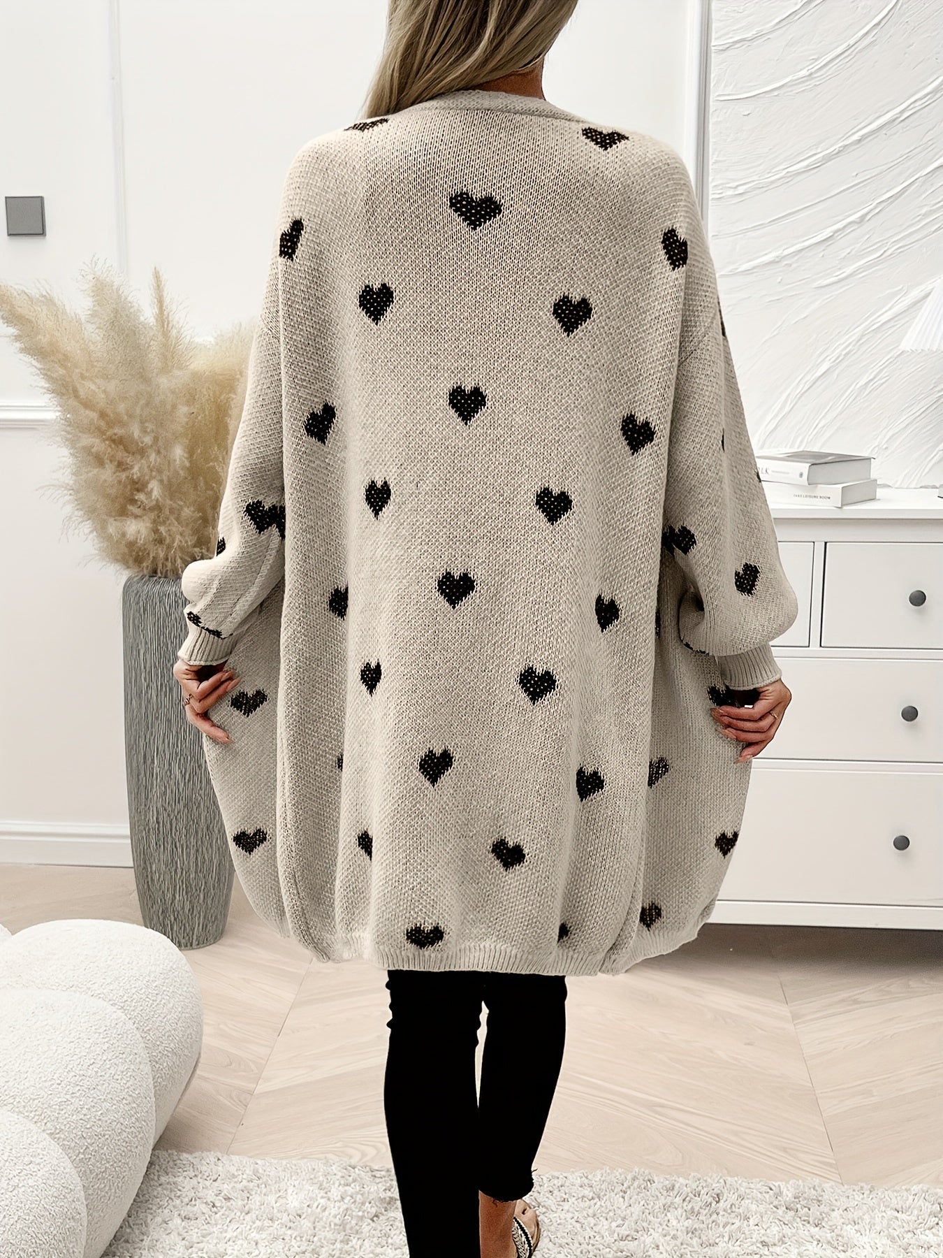 Wrenova | Women's Oversized Heart Print Longline Chunky Knit Cardigan