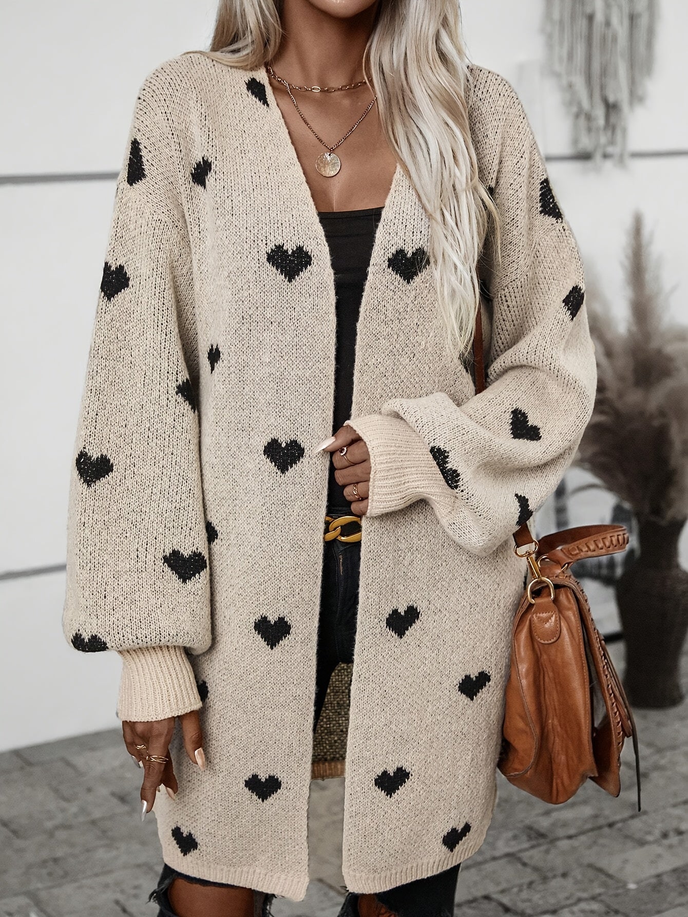 Wrenova | Women's Oversized Heart Print Longline Chunky Knit Cardigan