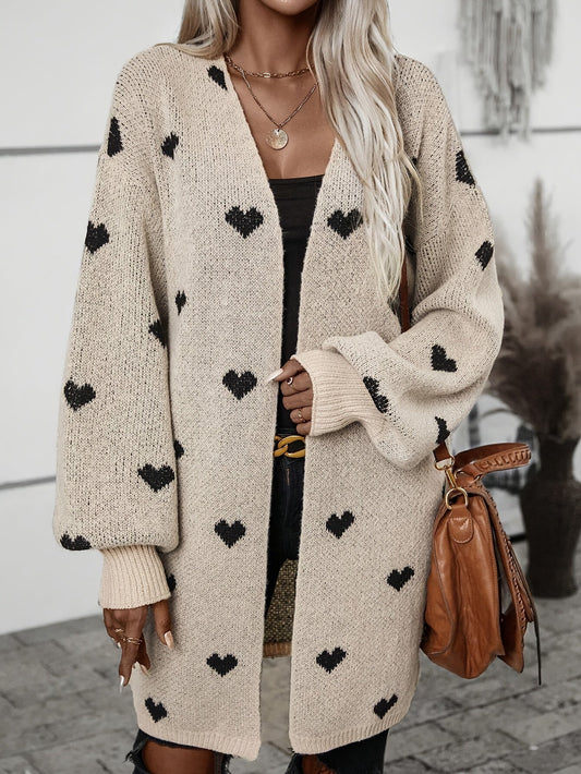 Wrenova | Women's Oversized Heart Print Longline Chunky Knit Cardigan