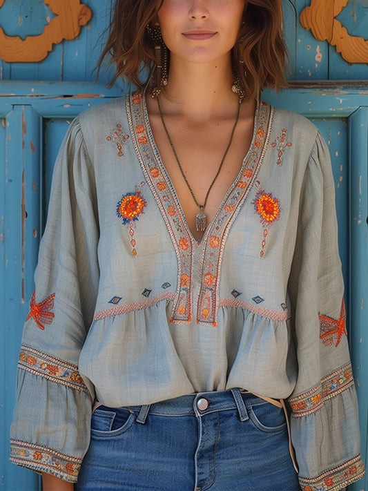 Denise | Embroidered V Neck Flare Sleeve Boho Blouse