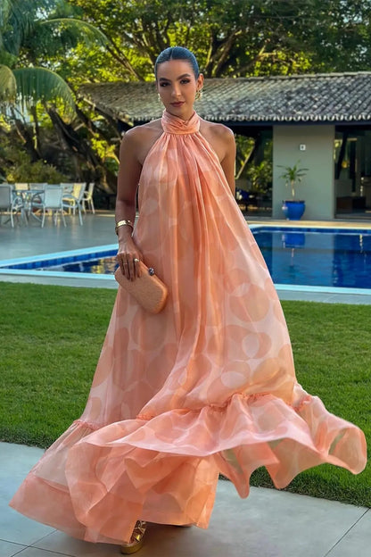 Peach | Printed Halter Neck Tiered Ruffle Hem Flowing Maxi Wedding Guest Dress
