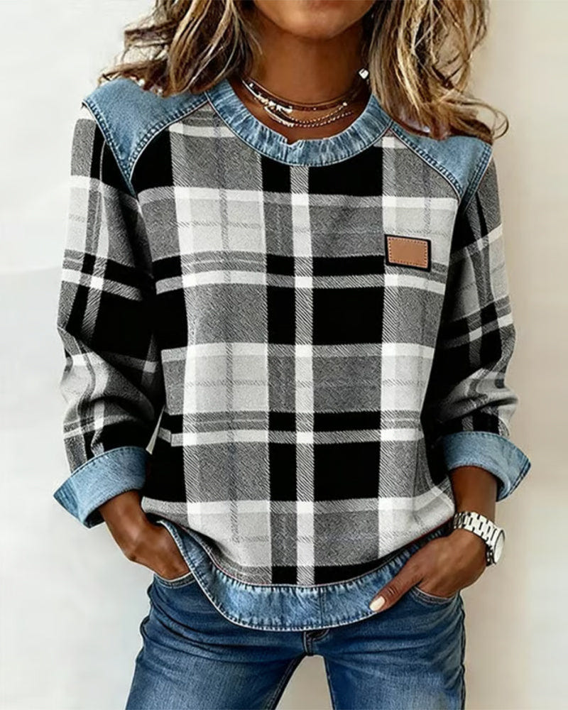 Wrenlyn | Women's Check Print Raglan Denim Trim Long Sleeve Top