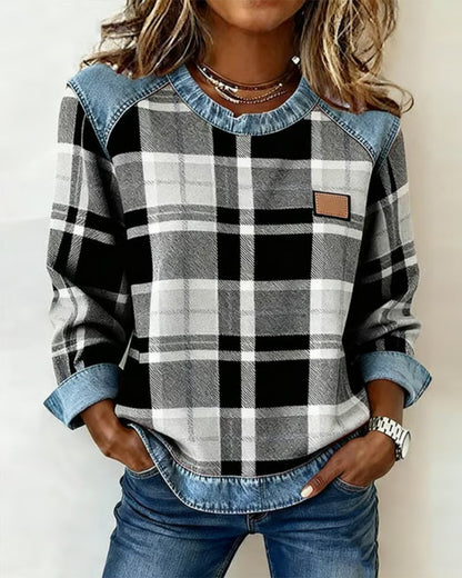 Wrenlyn | Women's Check Print Raglan Denim Trim Long Sleeve Top