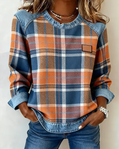 Wrenlyn | Women's Check Print Raglan Denim Trim Long Sleeve Top