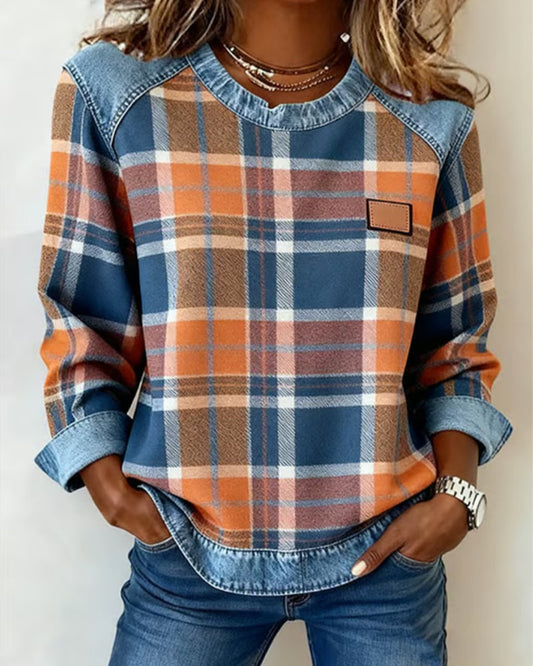 Wrenlyn | Women's Check Print Raglan Denim Trim Long Sleeve Top