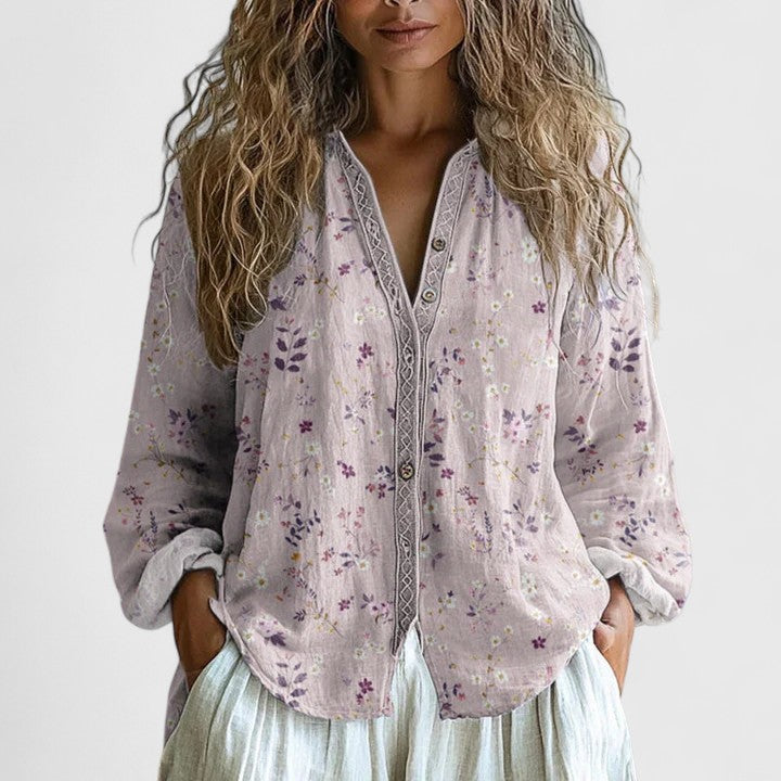 Mykayla | Printed V Neck Long Sleeve Contrast Trim Boho Blouse