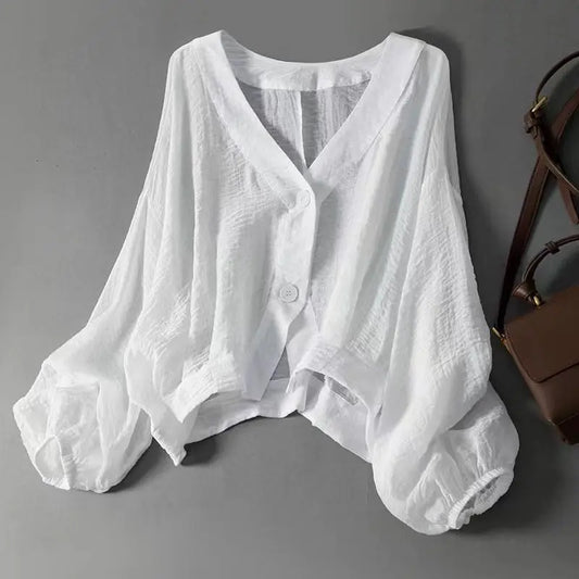 Eliana | V Neck Single Button Puff Sleeve Cropped Linen Blend Blouse