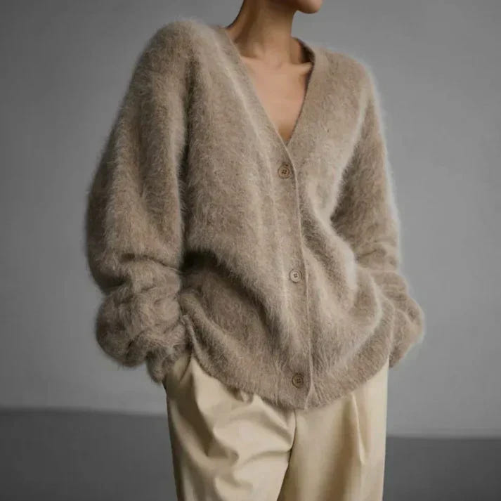 Willow | Women's Fuzzy Knit V-Neck Button-Front Cardigan
