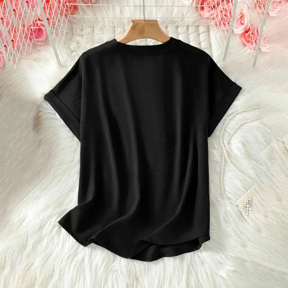 Cynthia | Women's Relaxed V-Neck Short Sleeve Summer Tunic Blouse